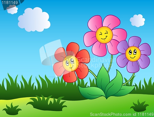 Image of Three cartoon flowers on meadow