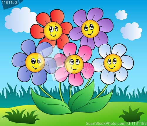 Image of Five cartoon flowers on meadow