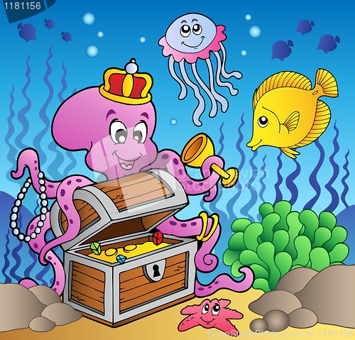 Image of Cartoon octopus on treasure chest