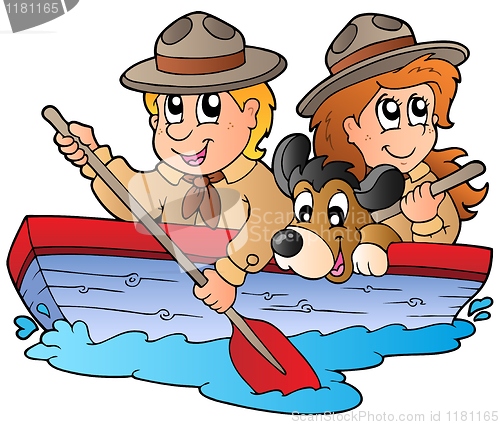 Image of Wooden boat with scout boy and girl