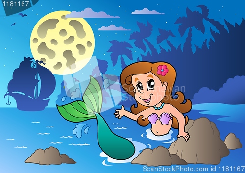 Image of Night seascape with swimming mermaid