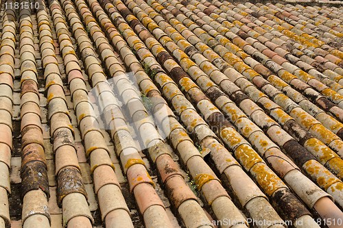 Image of Texture of old roof tiled with cylindrical tiles 