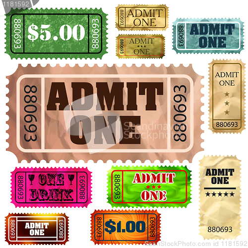 Image of Set of vintage and modern ticket admit one. EPS 8