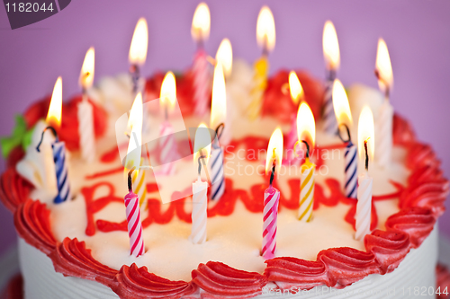 Image of Birthday cake with lit candles