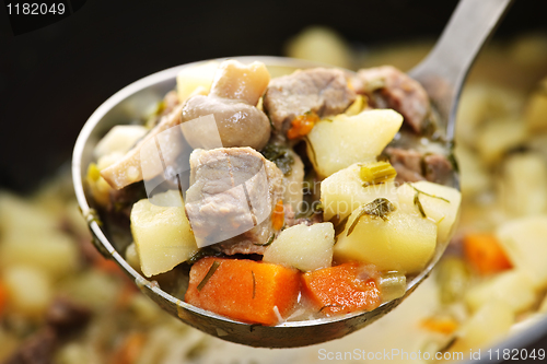 Image of Beef stew in serving spoon