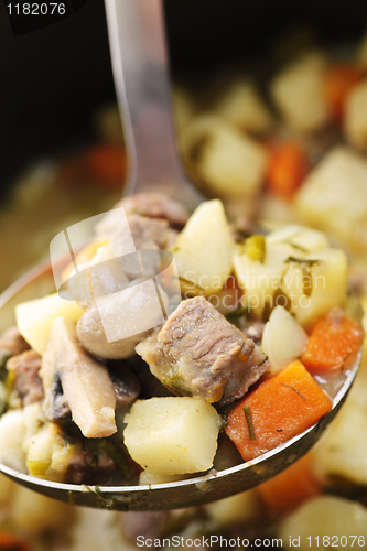 Image of Beef stew in serving spoon