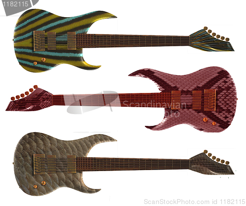 Image of Three guitars covered with scales of fishes and a skin of a snake 