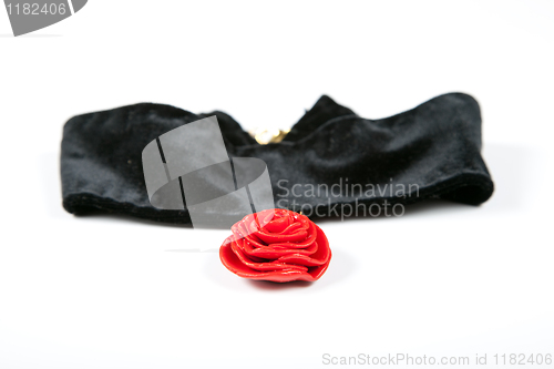 Image of Necklace red rose on black velvet. Hand made from a plastic clay