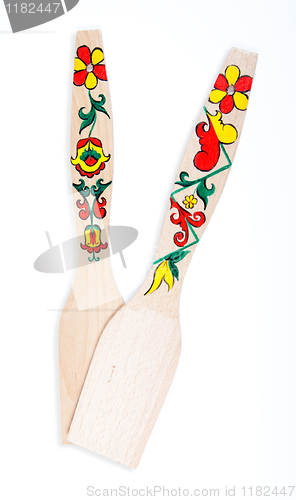 Image of Wooden spatulas used for cooking. Hand Painted