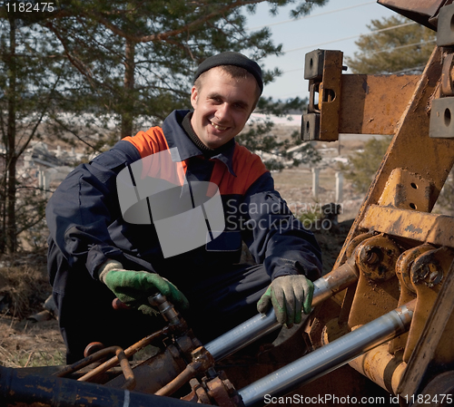 Image of Machinist excavator with a wrench in his hand