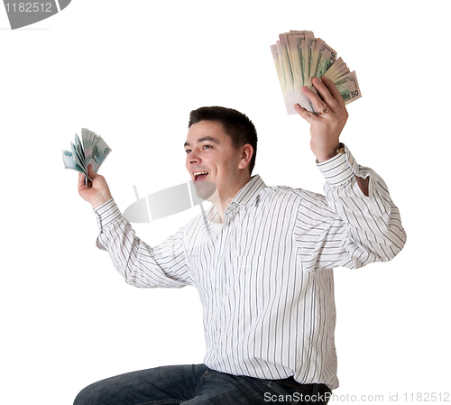 Image of Happy young man won a large sum of money