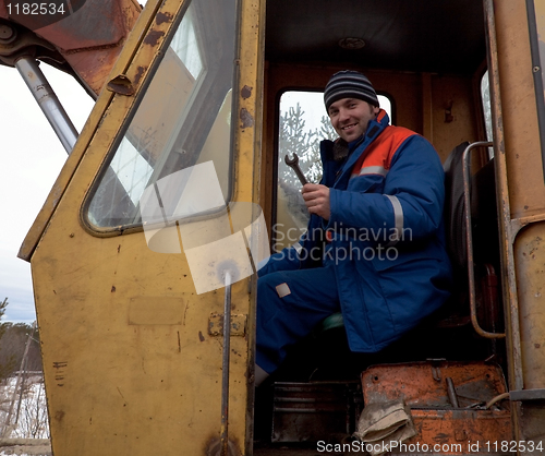 Image of Machinist excavator with a wrench in his hand