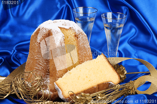 Image of Christmas composition with Pandoro and spumante