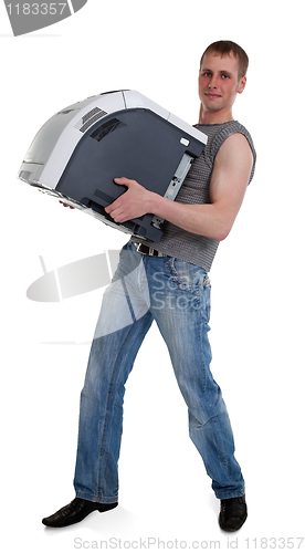 Image of young man with a printer in the hands of