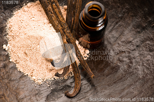 Image of Vanilla With Bottle Of Essential Oil And Powder- Beauty Treatmen