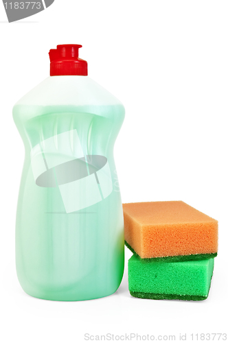 Image of Bottle of detergent and sponges