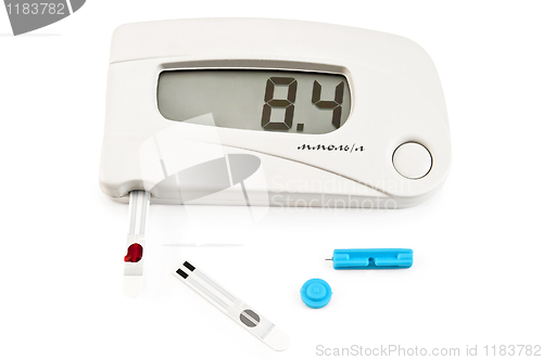 Image of Glucometer white with stripes and needle