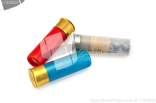 Image of Three colored cartridges for shotguns