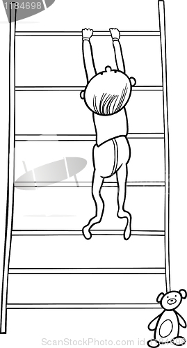 Image of baby boy climbing on bookcase for coloring book