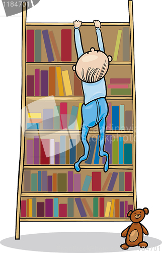 Image of baby boy climbing on bookcase