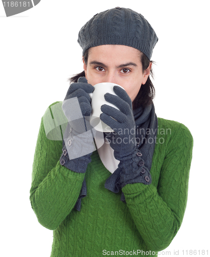 Image of Winter woman having coffee