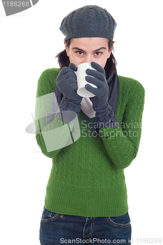Image of Winter woman having coffee