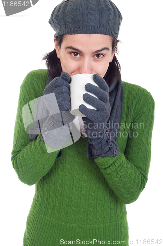 Image of Winter woman having coffee
