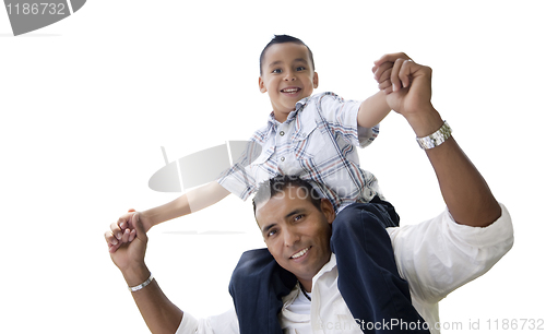 Image of Hispanic Father and Son Having Fun Isolated on White