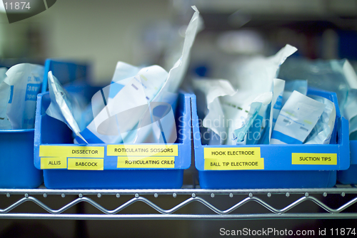 Image of Sterile surgery instruments await use in a central supply room. (14MP camera)