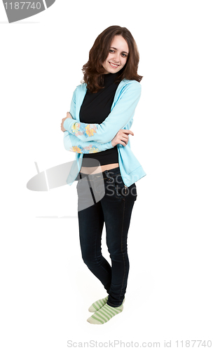 Image of young brunette in a turquoise jacket