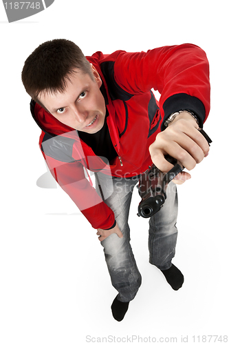 Image of young thug in a red sweater with a gun