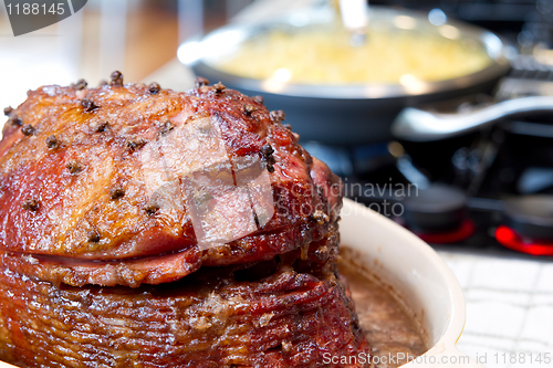 Image of Spiral Cut Hickory Smoked Ham on Cooking Stove Top