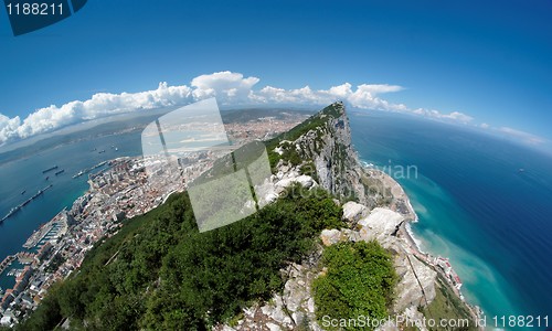 Image of Fisheye view of Gibraltar rock, bay and town from the Upper Rock