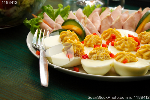 Image of eggs and pork on table