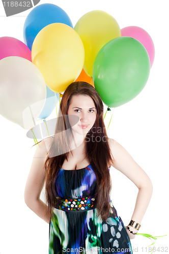 Image of Beautiful woman with multicolored air balloons