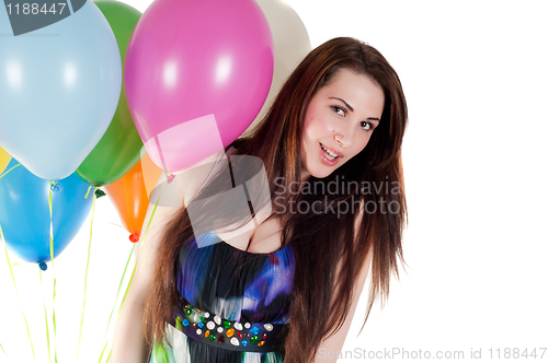 Image of Beautiful woman with multicolored air balloons