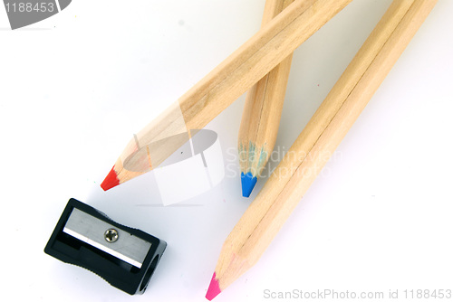 Image of Pensils and a sharpener on white background