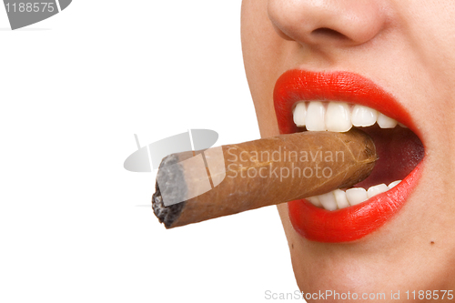 Image of mouth with red lips biting a cigar