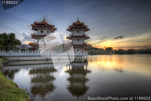 Image of Twin Pagodas in Chinese Garden at Sunset