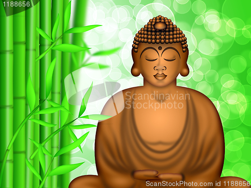 Image of Zen Buddha Meditating by Bamboo Forest Background