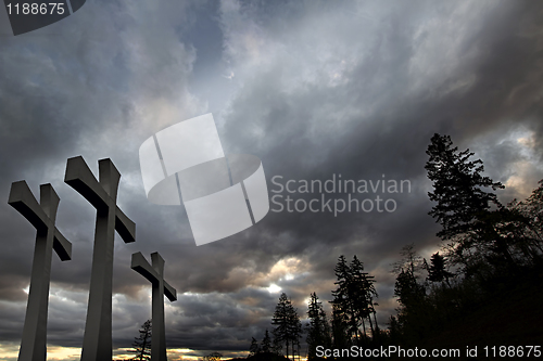 Image of Good Friday Easter Day Crosses Clouds Trees Background