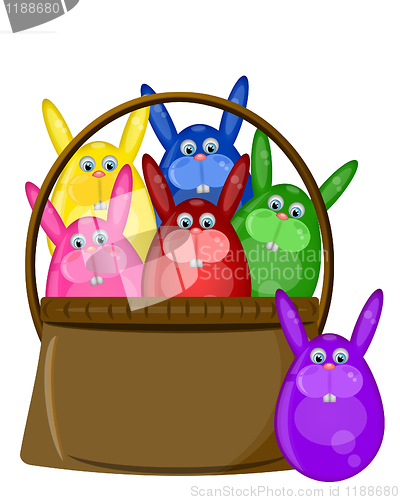 Image of Six Colored Happy Easter Bunny Eggs in Basket