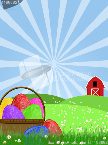 Image of Happy Easter Egg Basket on Green Pasture