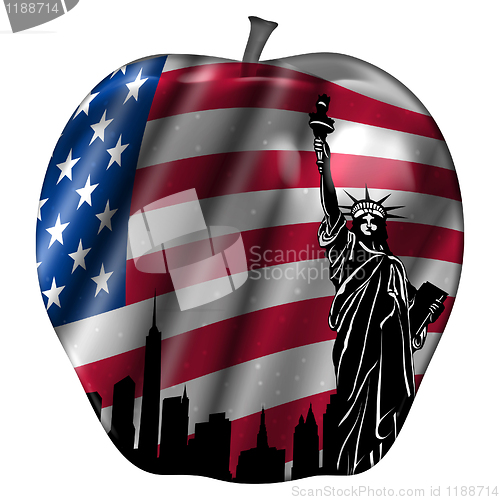 Image of Big Apple with USA Flag and New York Skyline