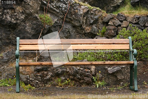 Image of rainy garden bench