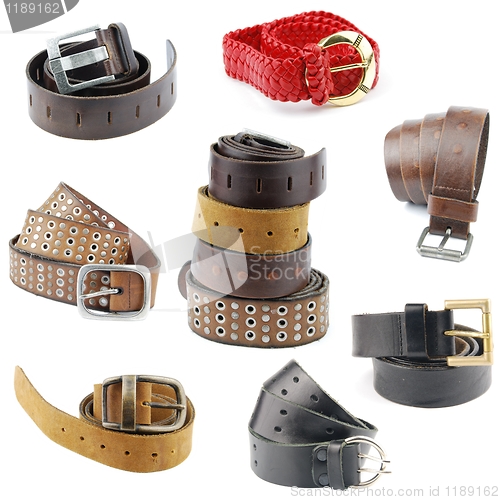 Image of Collection of leather belts on white