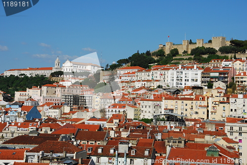 Image of Lisbon cityscape with Sao Jorge Castle and Graça Church