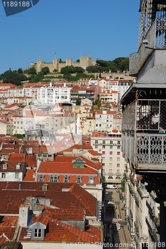 Image of Lisbon cityscape with Castle and Santa Justa Elevator