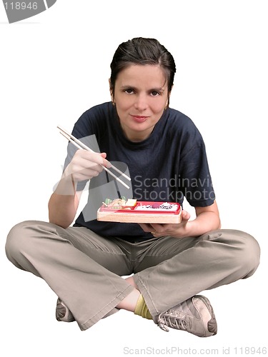 Image of Woman eating Asian food