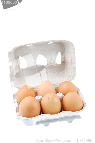 Image of Six brown eggs packed in a carton box